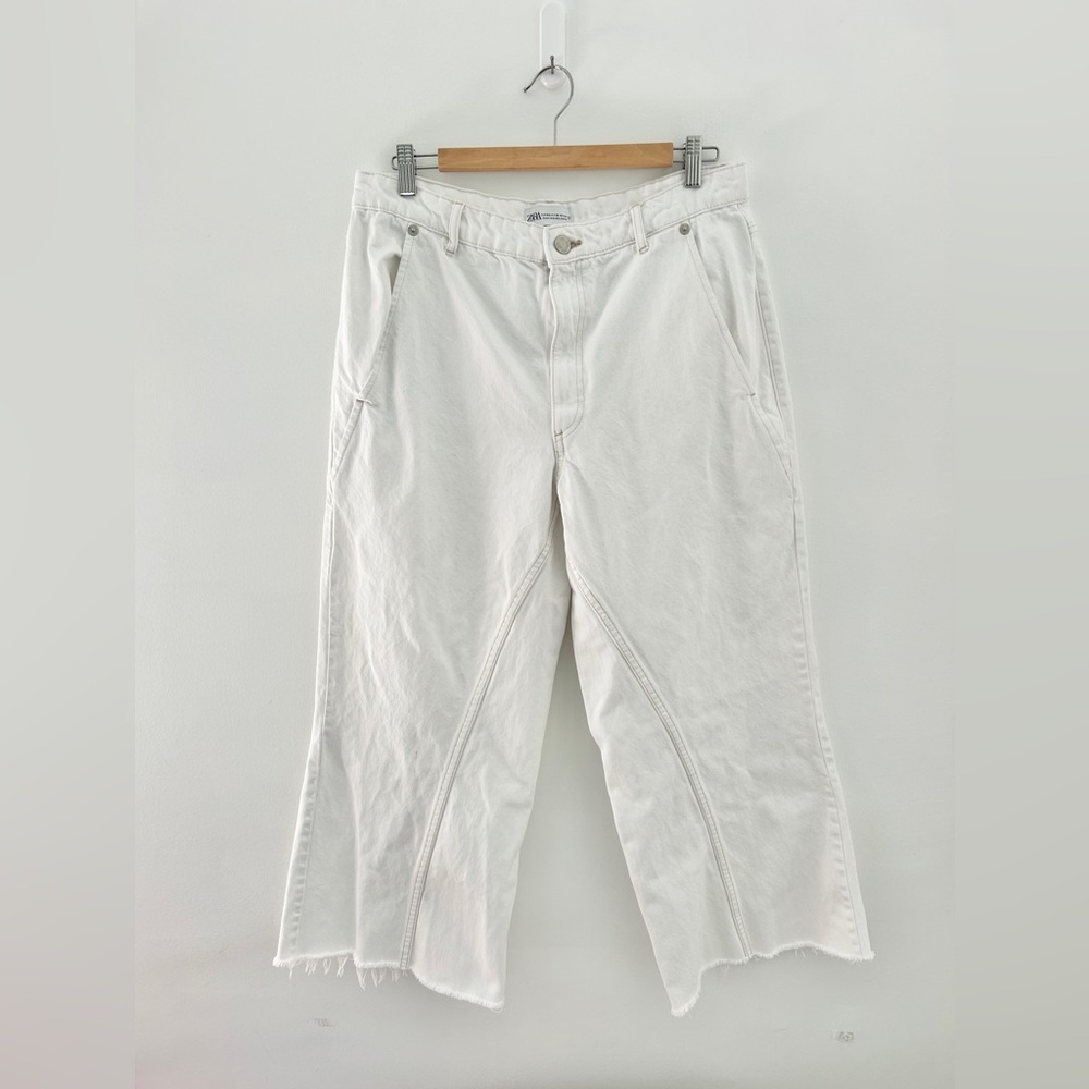 ZARA Wide Leg White Jeans Size 10 Unique Seam Insert Western Coastal‎ Cowgirl